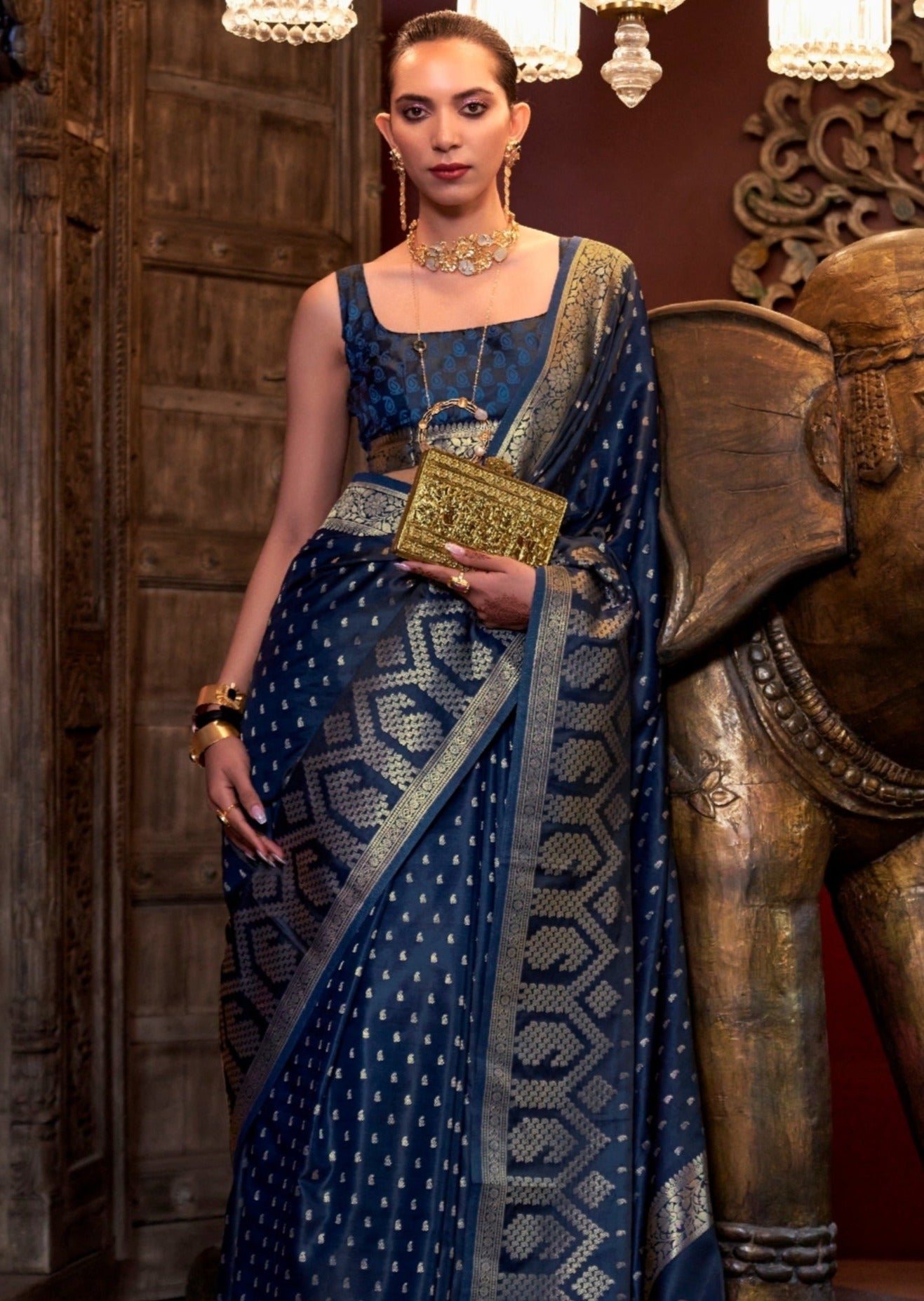 Banarasi handloom satin silk navy blue saree online usa uk uae with fast delivery.
