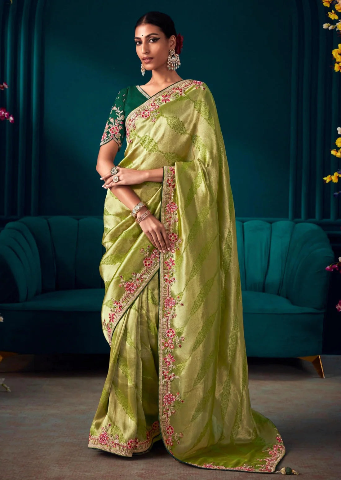 Banarasi Silk Green Bridal Saree Blouse Online Shopping India Sunasa
