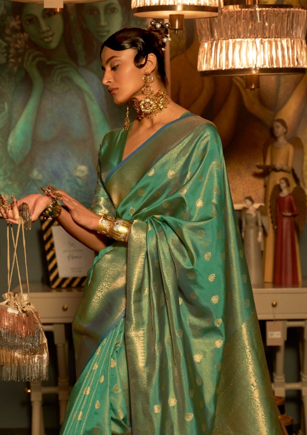 Banarasi Silk Green Handloom Bridal Saree with Golden Border