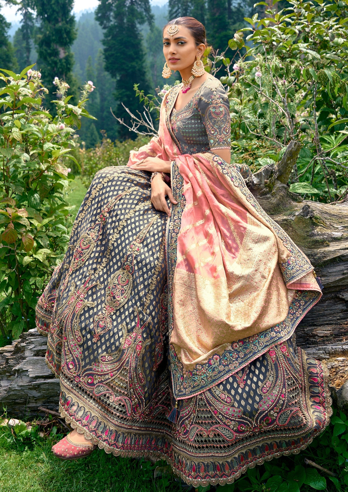 Banarasi silk grey designer bridal lehenga choli online shopping for wedding price.