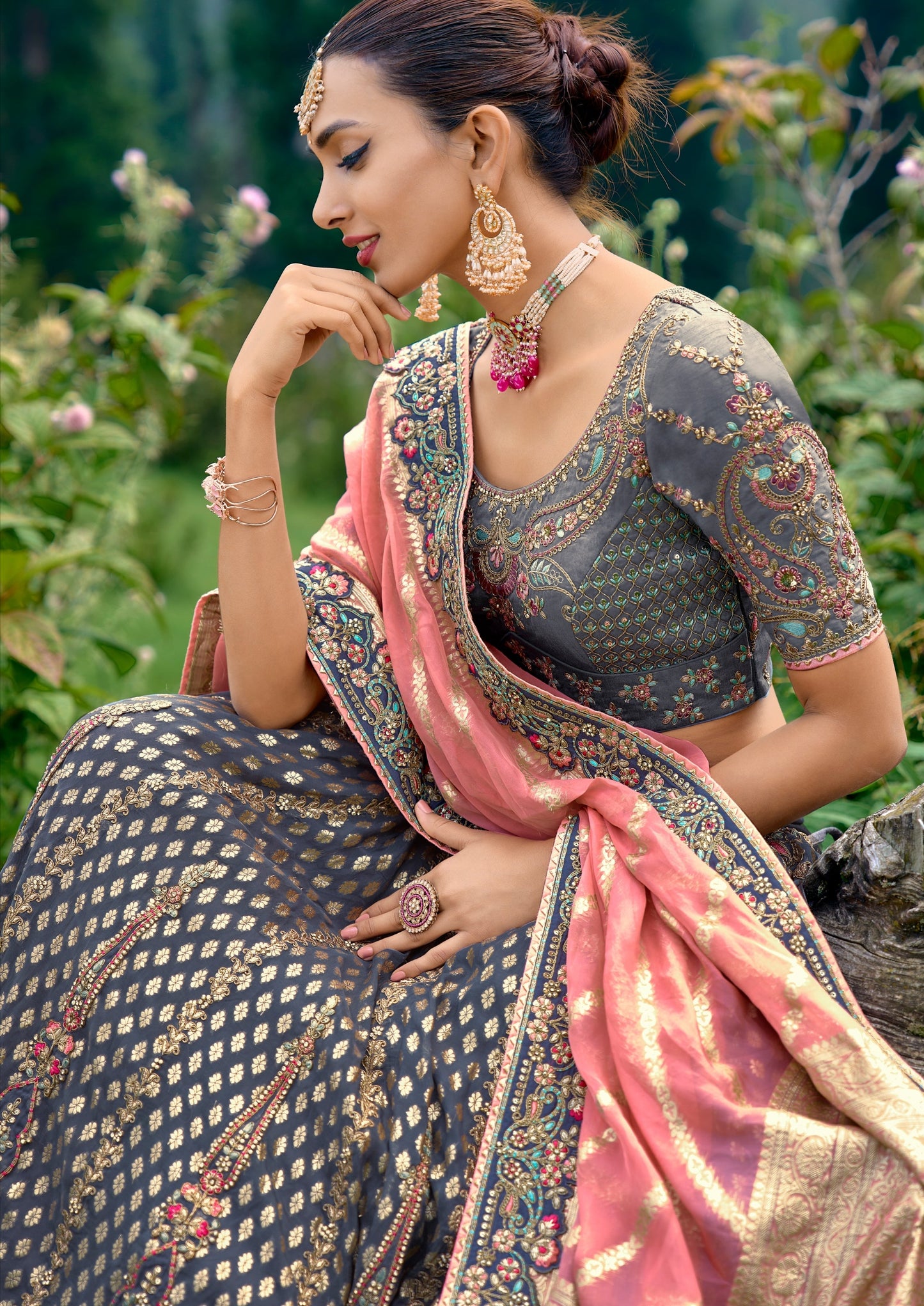 Banarasi silk grey designer bridal lehenga choli online shopping for wedding usa.
