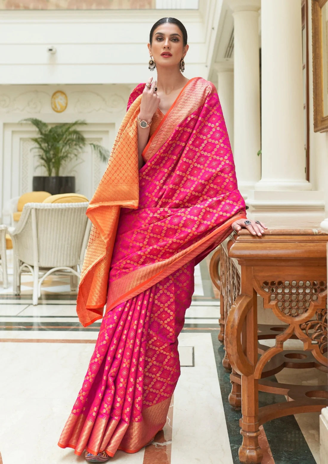 Banarasi silk hot pink bandhani saree design online shopping india.