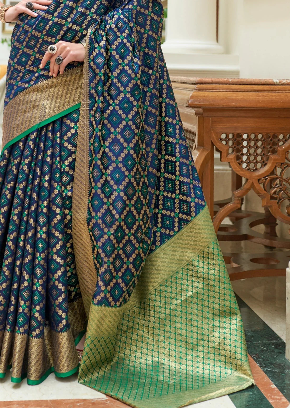 Banarasi silk ink blue bandhani saree design online.