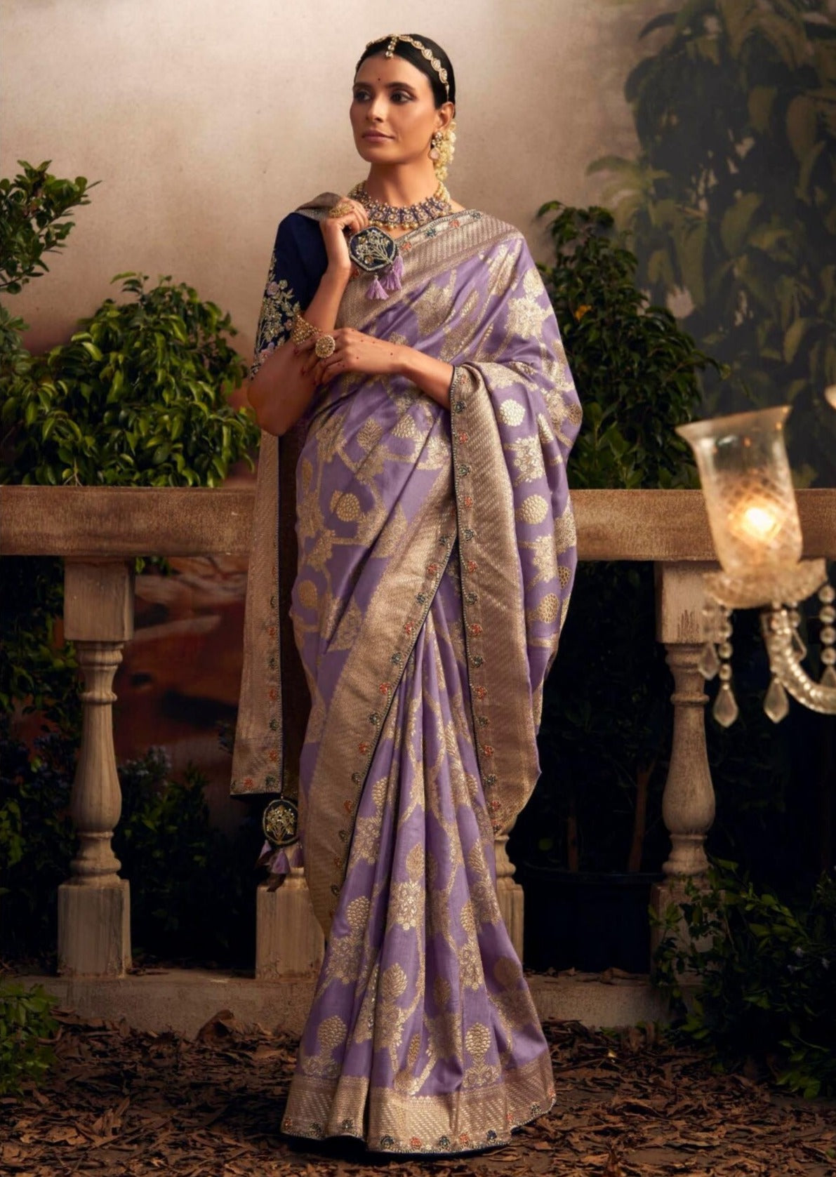 Luxury banarasi silk purple bridal saree with contrast blue blouse online in usa for wedding function wear.