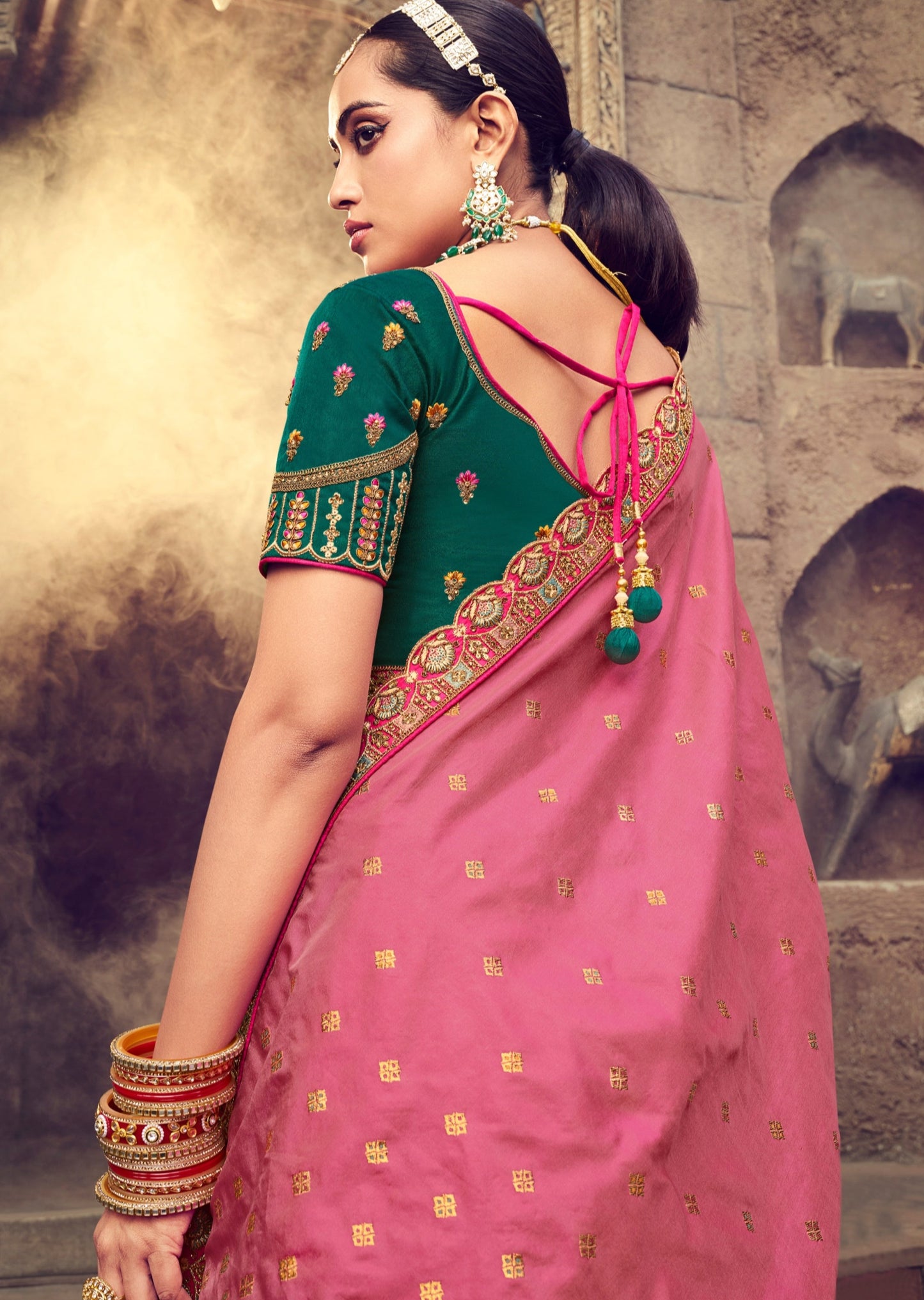 Banarasi Silk Unstitched Bridal Lehenga Choli (Green & Pink)