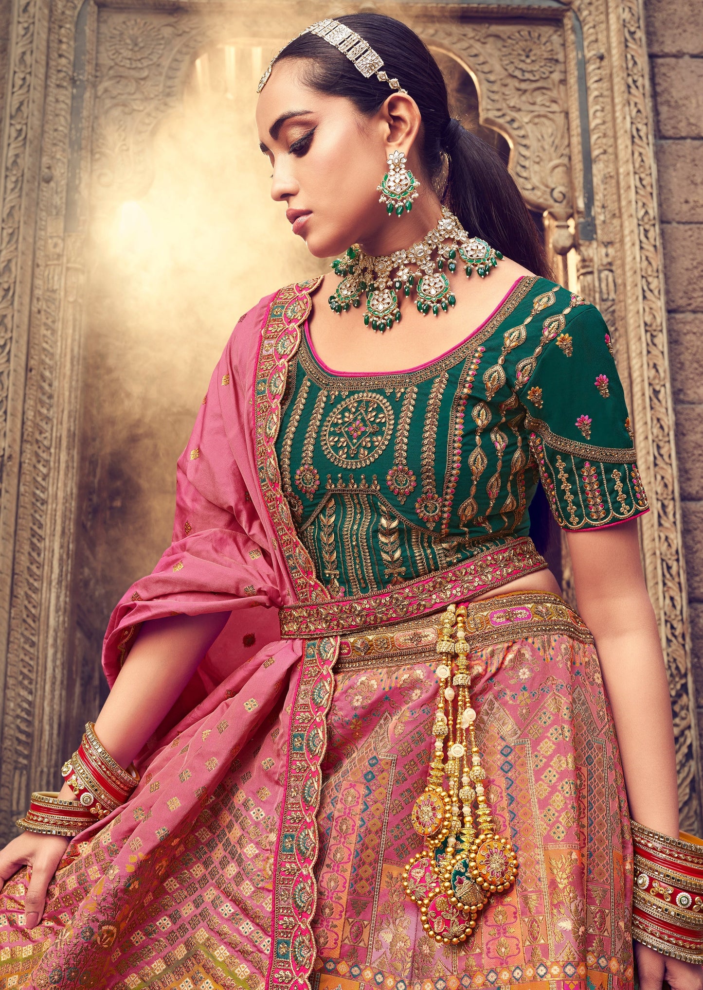 Banarasi Silk Unstitched Bridal Lehenga Choli (Green & Pink)