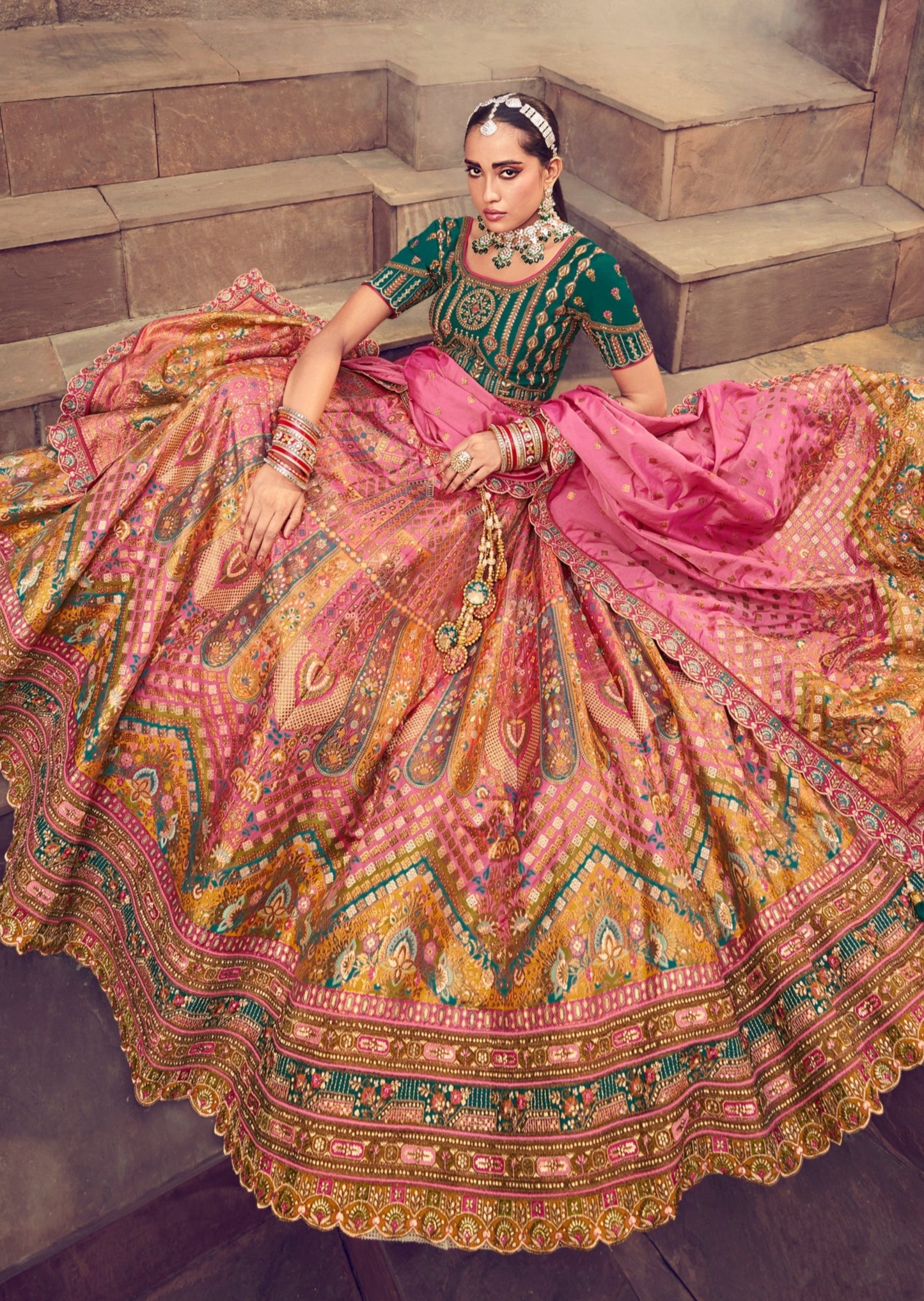 Banarasi Silk Unstitched Bridal Lehenga Choli (Green & Pink)