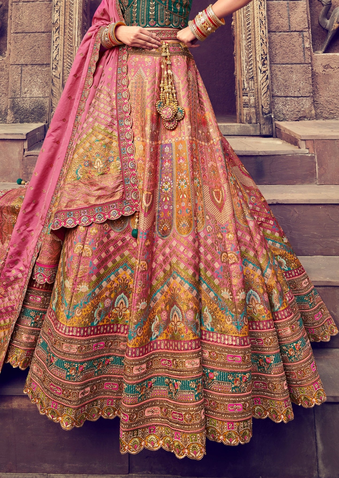 Banarasi Silk Unstitched Bridal Lehenga Choli (Green & Pink)