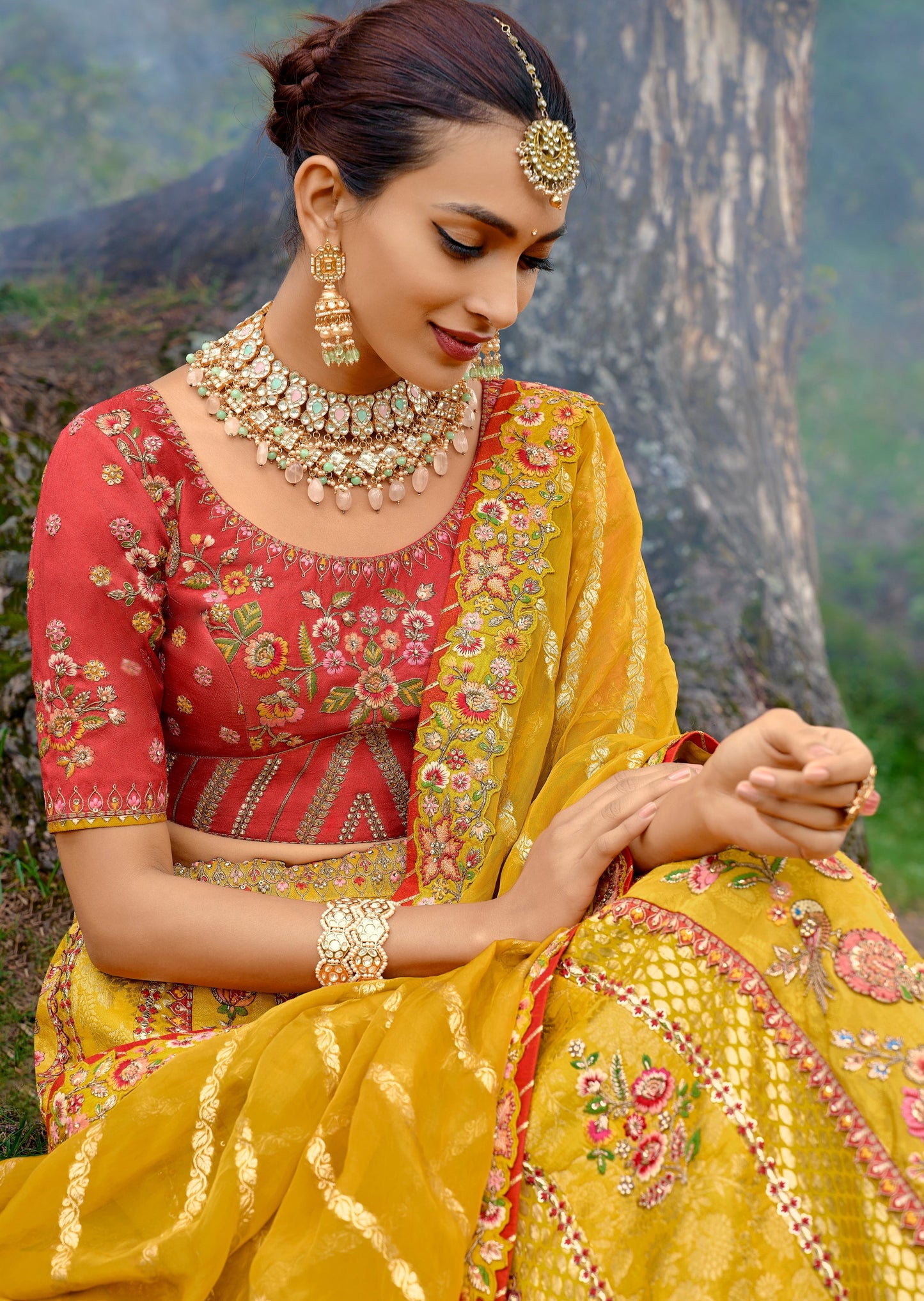Banarasi Silk Unstitched Yellow Bridal Lehenga Choli