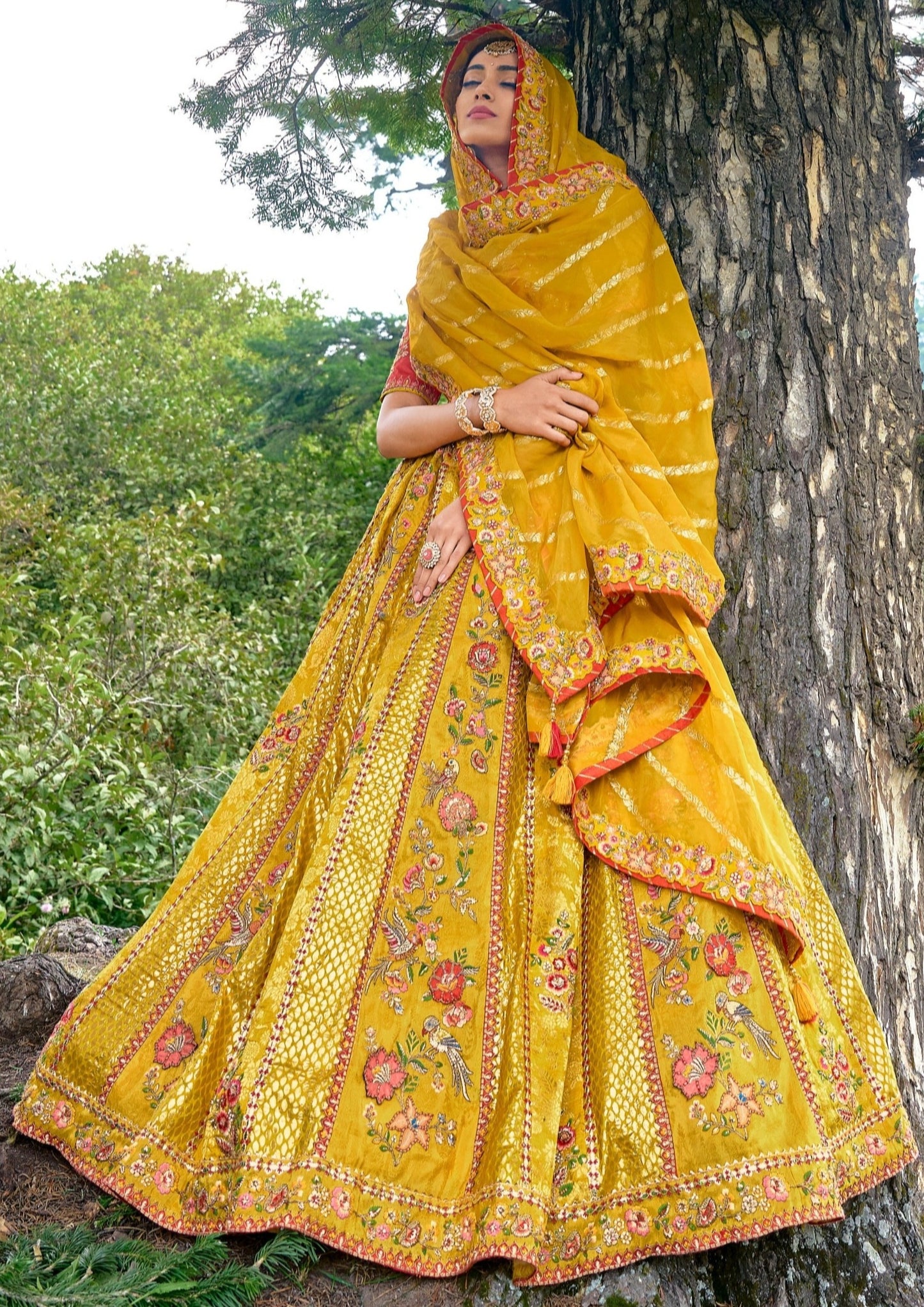 Banarasi Silk Unstitched Yellow Bridal Lehenga Choli