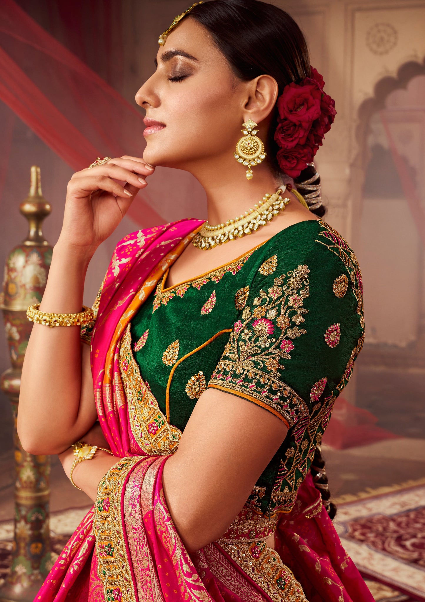 Choli sleeve design with banarasi silk dupatta.