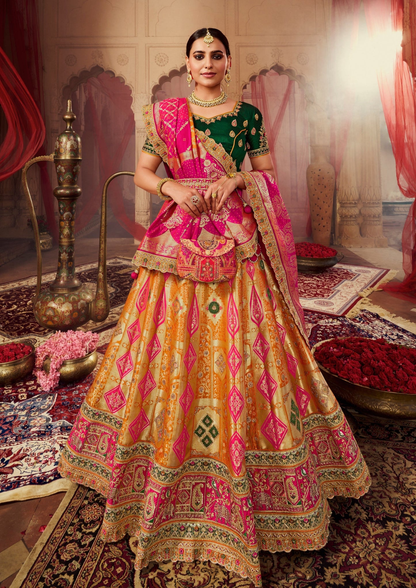 Bride in yellow banarasi silk lehenga choli with dupatta.