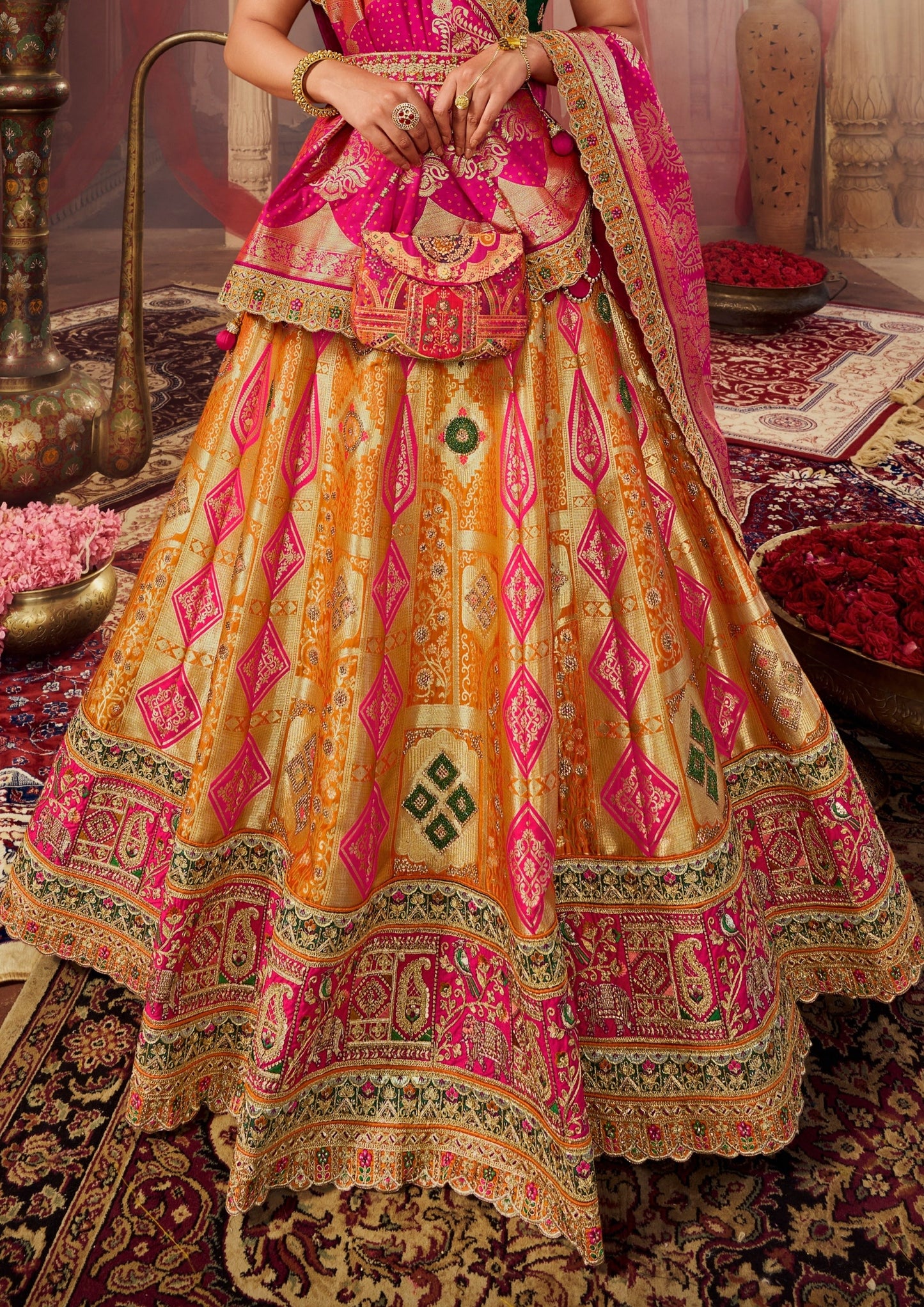 Yellow banarasi silk lehenga design.