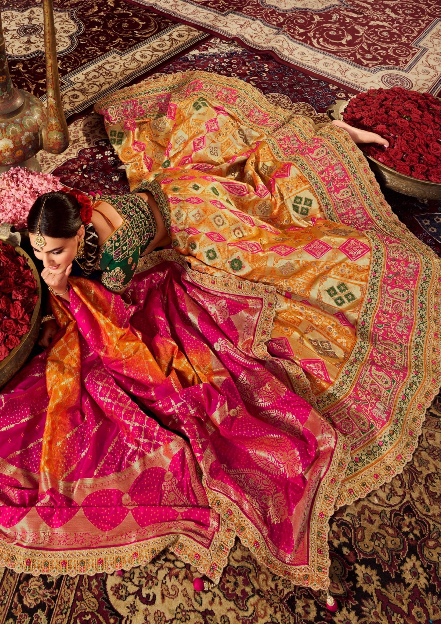 Bride showing full lehenga flair of banarasi silk lehenga choli.