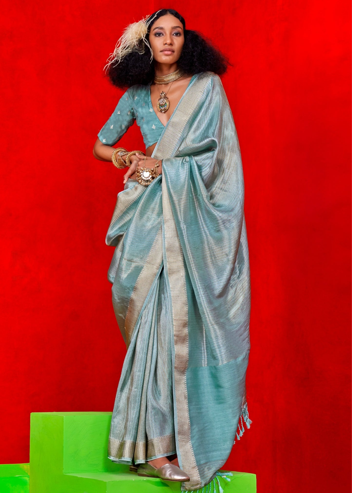 Pure banarasi tissue silk blue handloom saree online shopping for wedding function look and bridal wear.