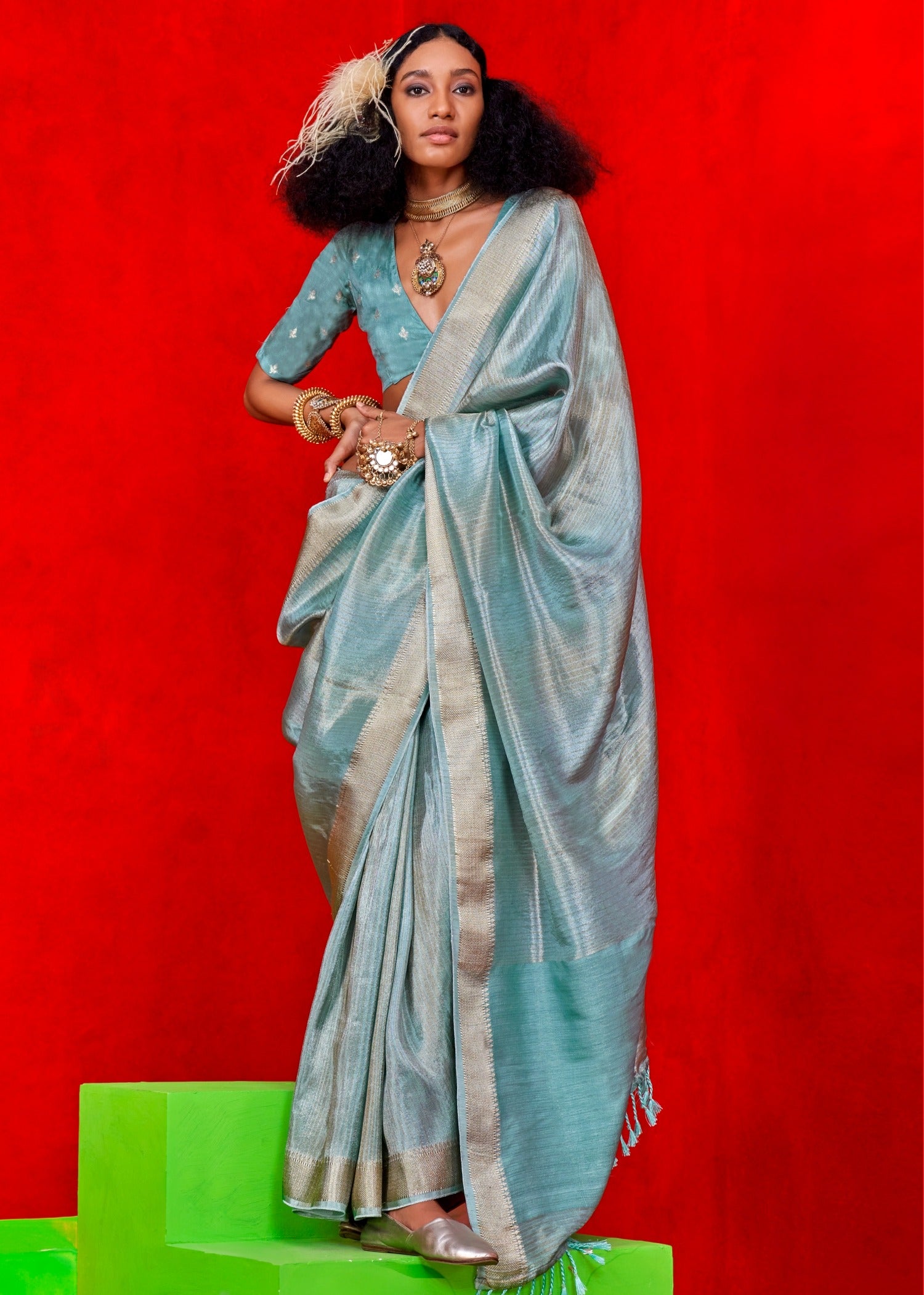 Pure banarasi tissue silk blue handloom saree online shopping for wedding function look and bridal wear.