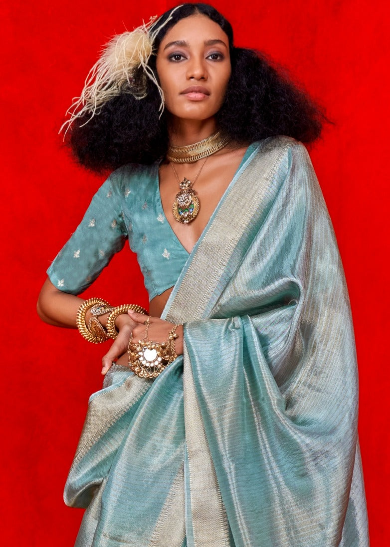 Banarasi tissue silk blue handloom saree online shopping for bridal wear at best price.