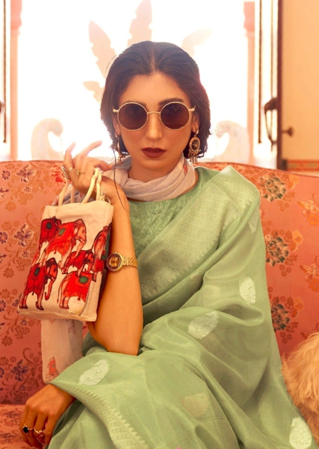 Pure banarasi tissue silk green color handloom saree with zari work border online shopping.