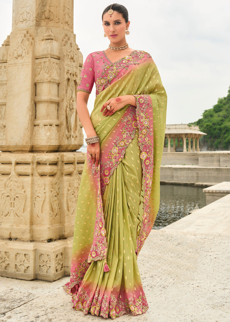 Luxury green pink ombre banarasi saree online with tissue silk fabric and handcrafted embroidery.