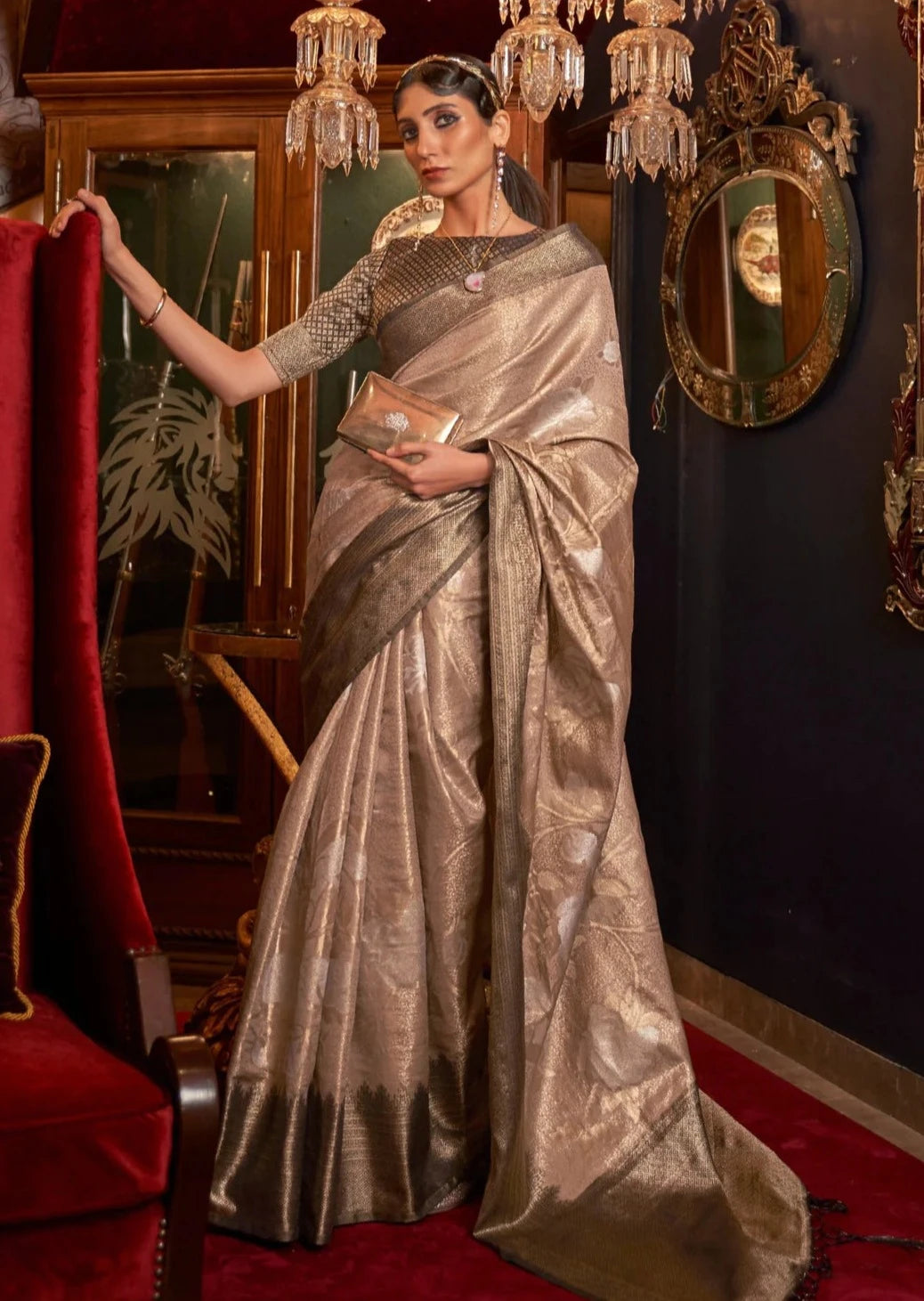 Bride in beige and gold contrast kanjivaram silk saree blouse.