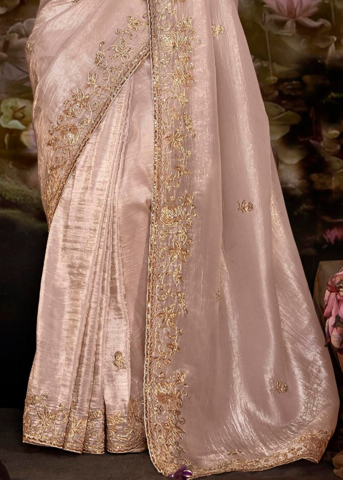 Beige gold colour organza silk embroidered saree online shopping for wedding function.
