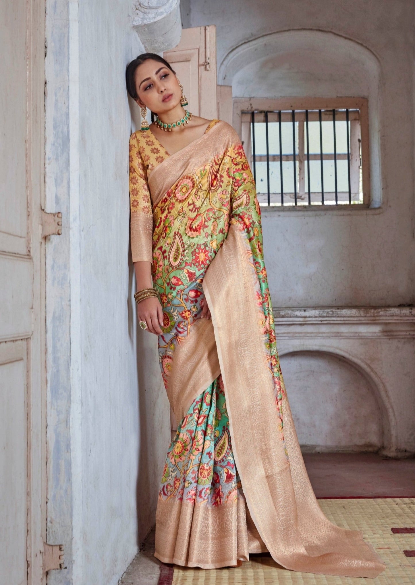 Beige Kalamkari Silk Saree With Banarasi Border