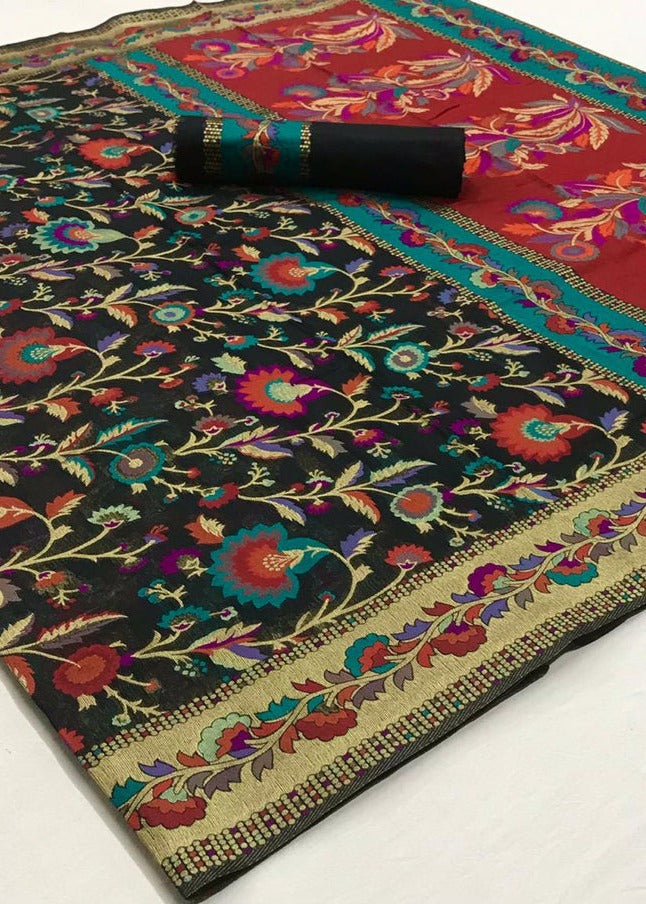 Kashmiri Jamawar Silk Black Pashmina Saree with Banarasi Border