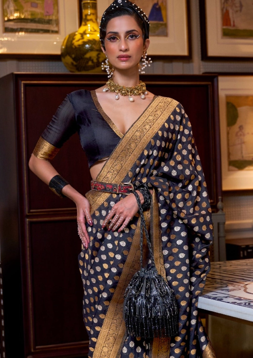 Woman's black khaddi georgette banarasi saree blouse online price with zari work.