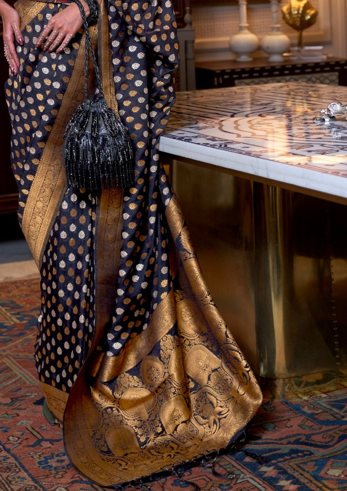 Black khaddi georgette banarasi saree design online shopping india usa.