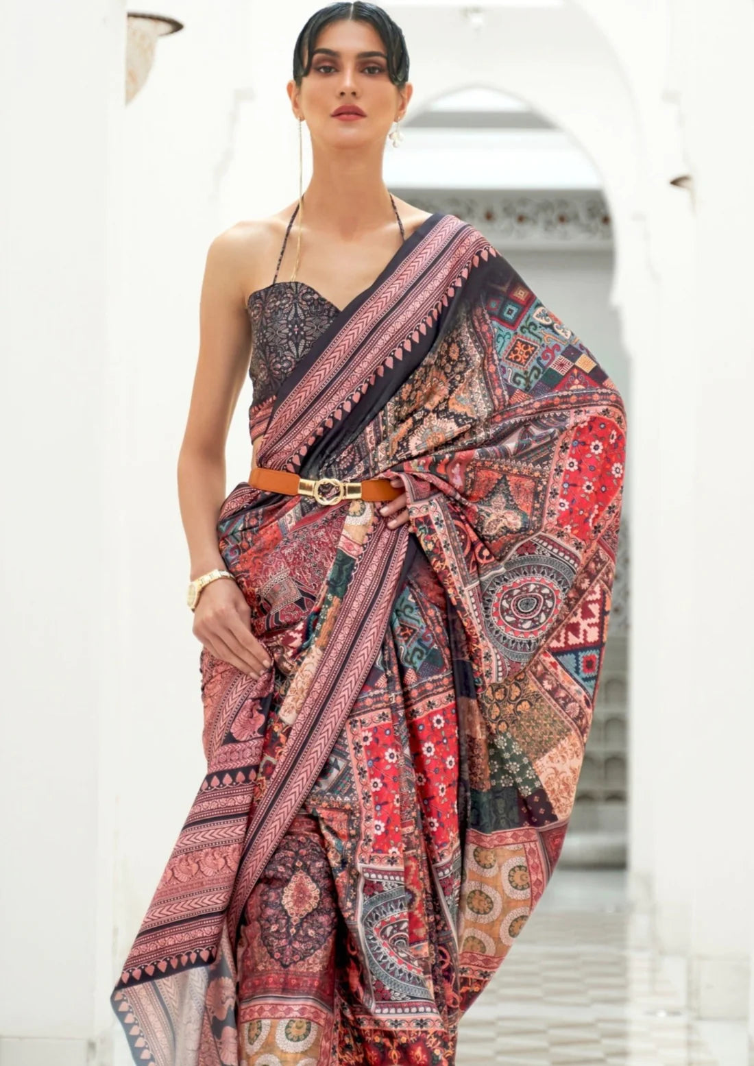 Bride in black kalamkari silk saree blouse online usa shopping with price.