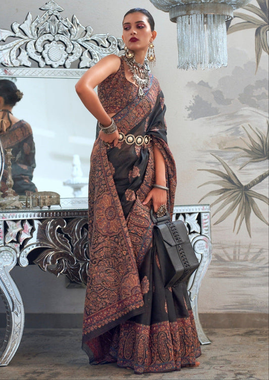 Kashmiri bride in black pure kashmiri silk handloom saree blouse.