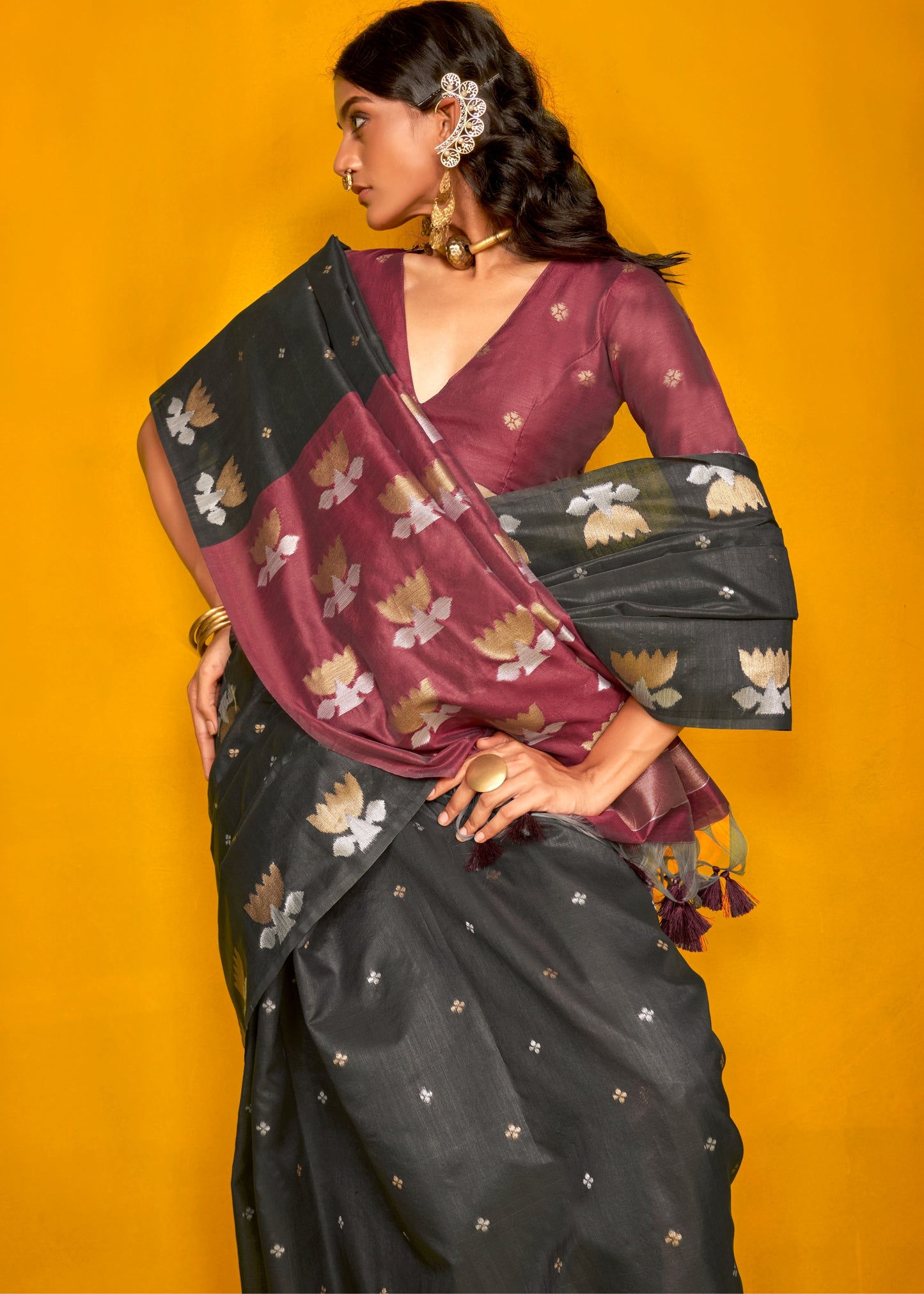 Black tussar silk saree in two tone online shopping price for wedding function.