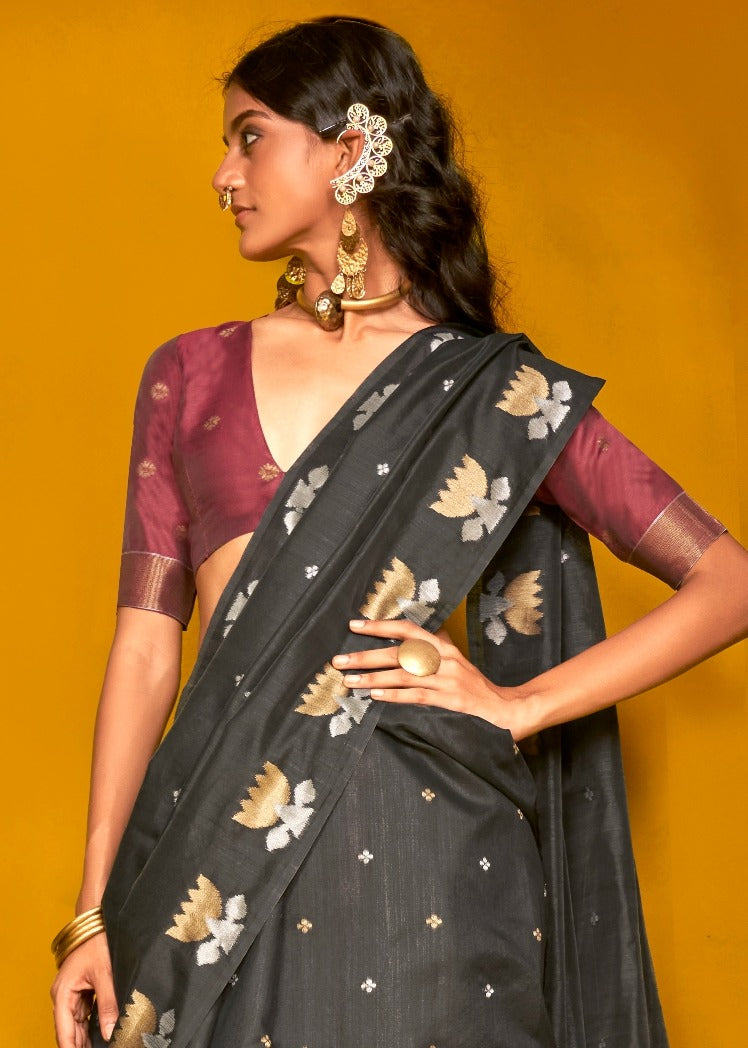 Black tussar silk handloom saree online shopping for wedding look at best price.