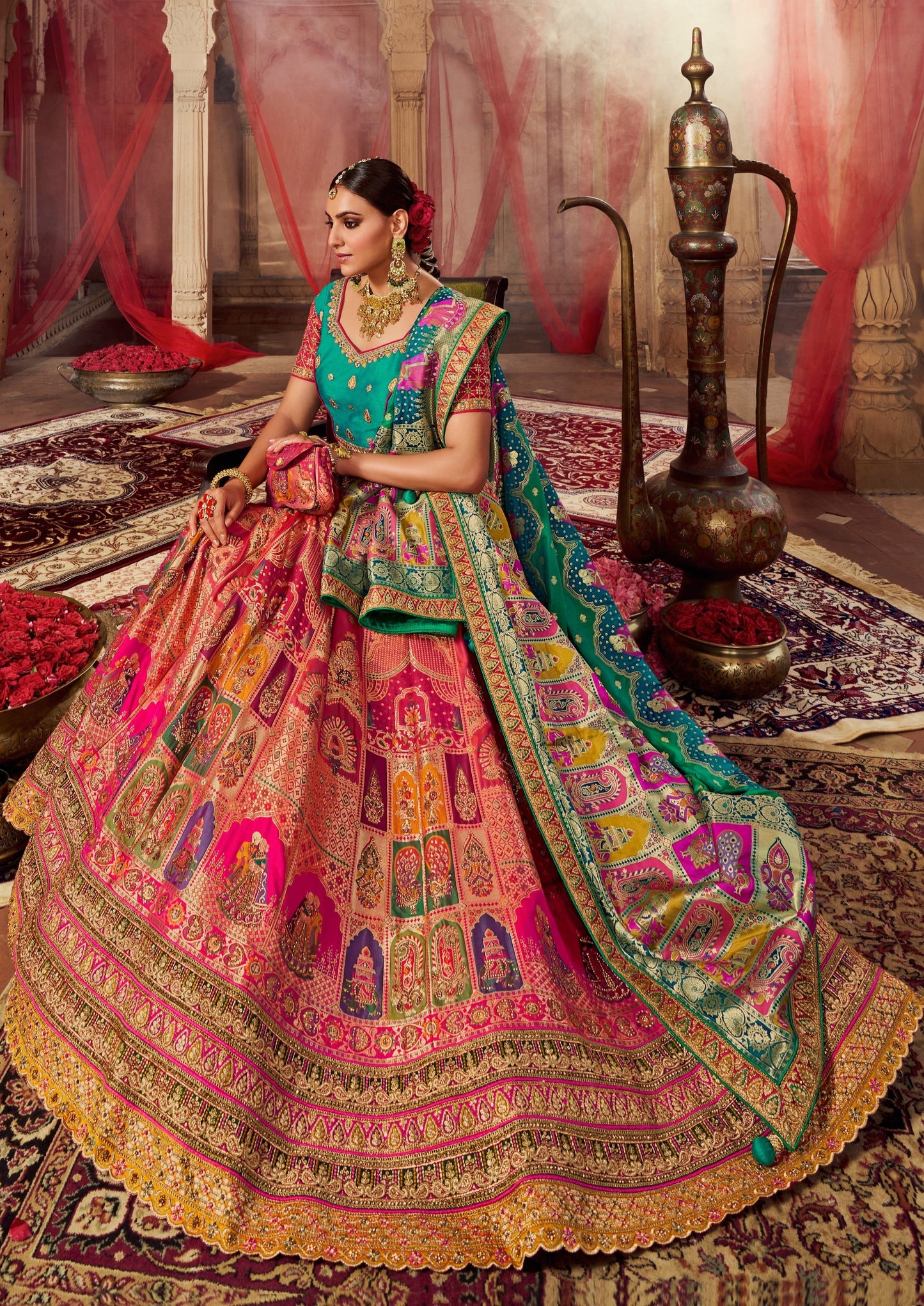 Bridesmaid in pink and blue combination banarasi silk lehenga choli.