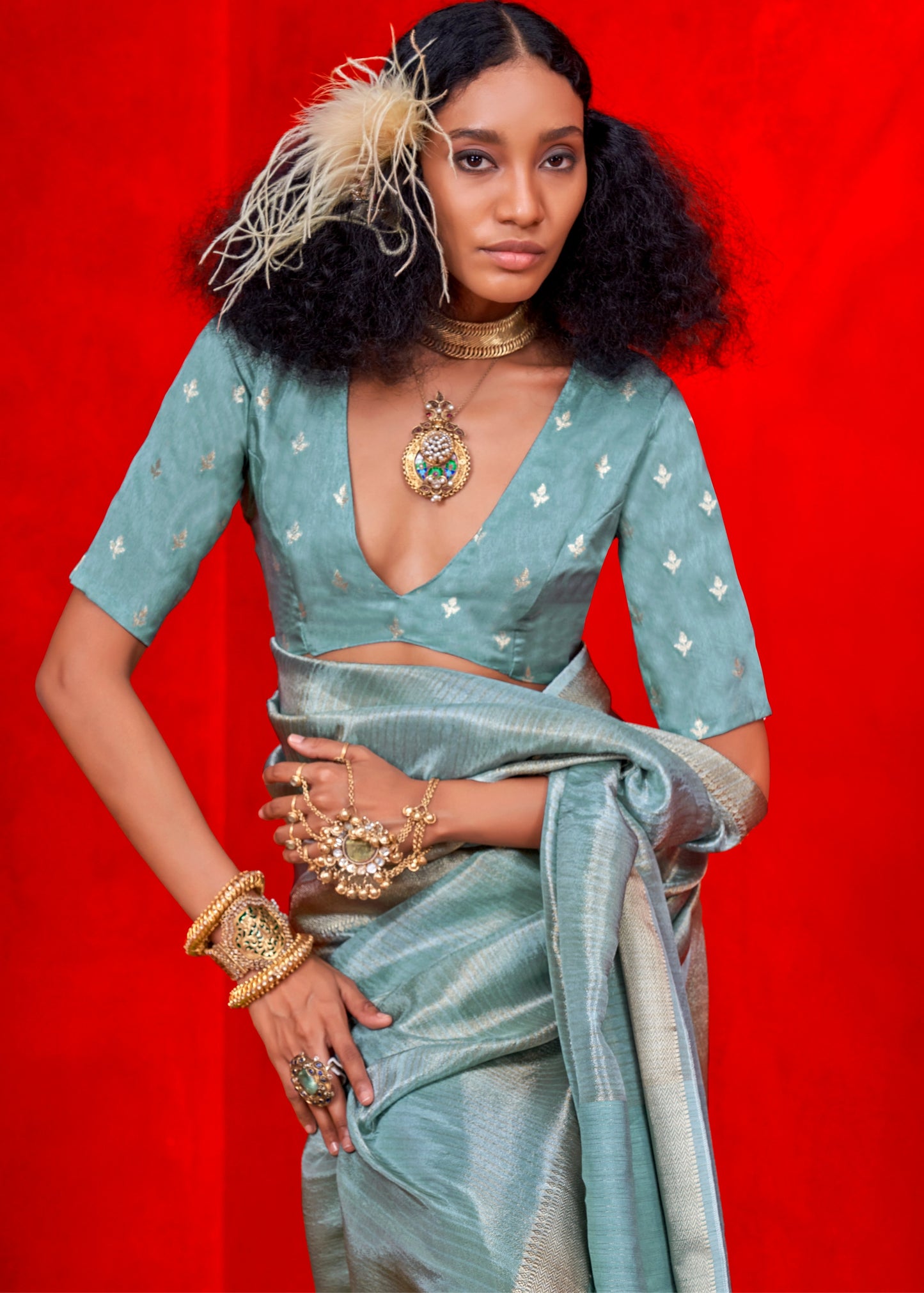 Blue banarasi tissue silk handloom saree blouse online shopping for wedding wear.