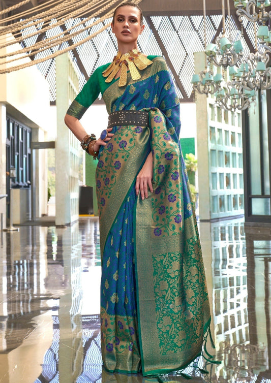 Blue Handcrafted Banarasi Silk Saree