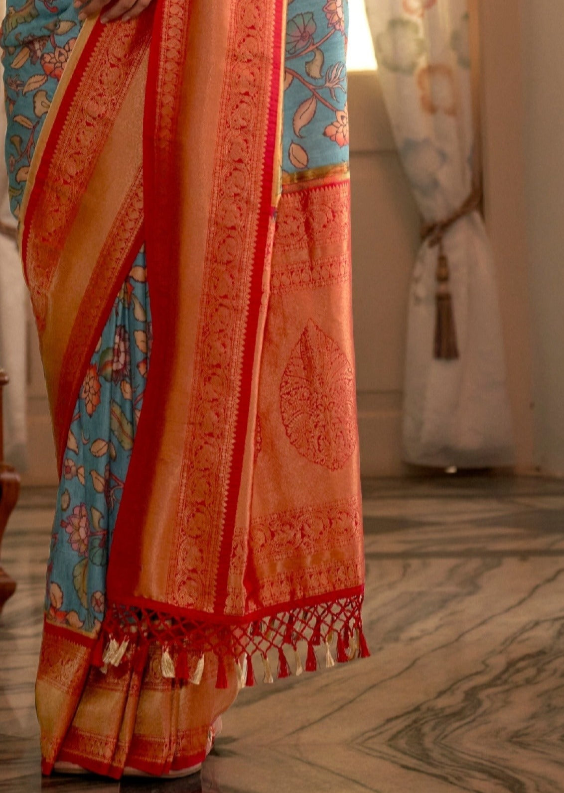 Blue kalamkari saree with banarasi border online shopping with price.