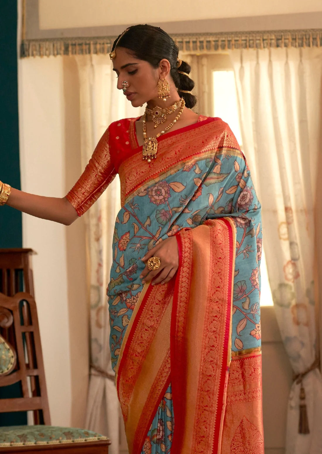 Blue kalamkari saree with banarasi border online shopping with price india usa uk canada australia singapore.