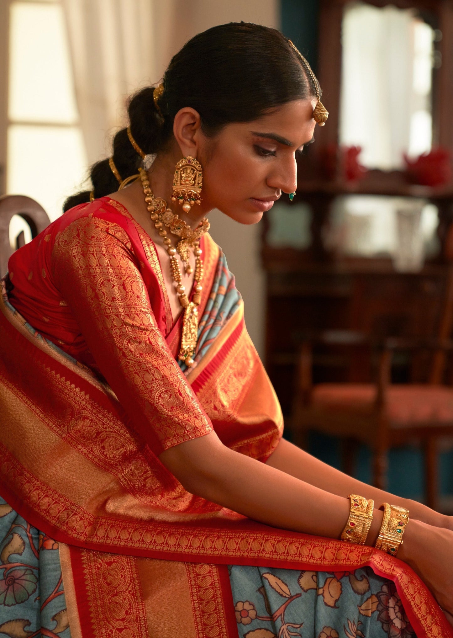 Kalamkari saree with banarasi border online shopping with price in blue & red colour.