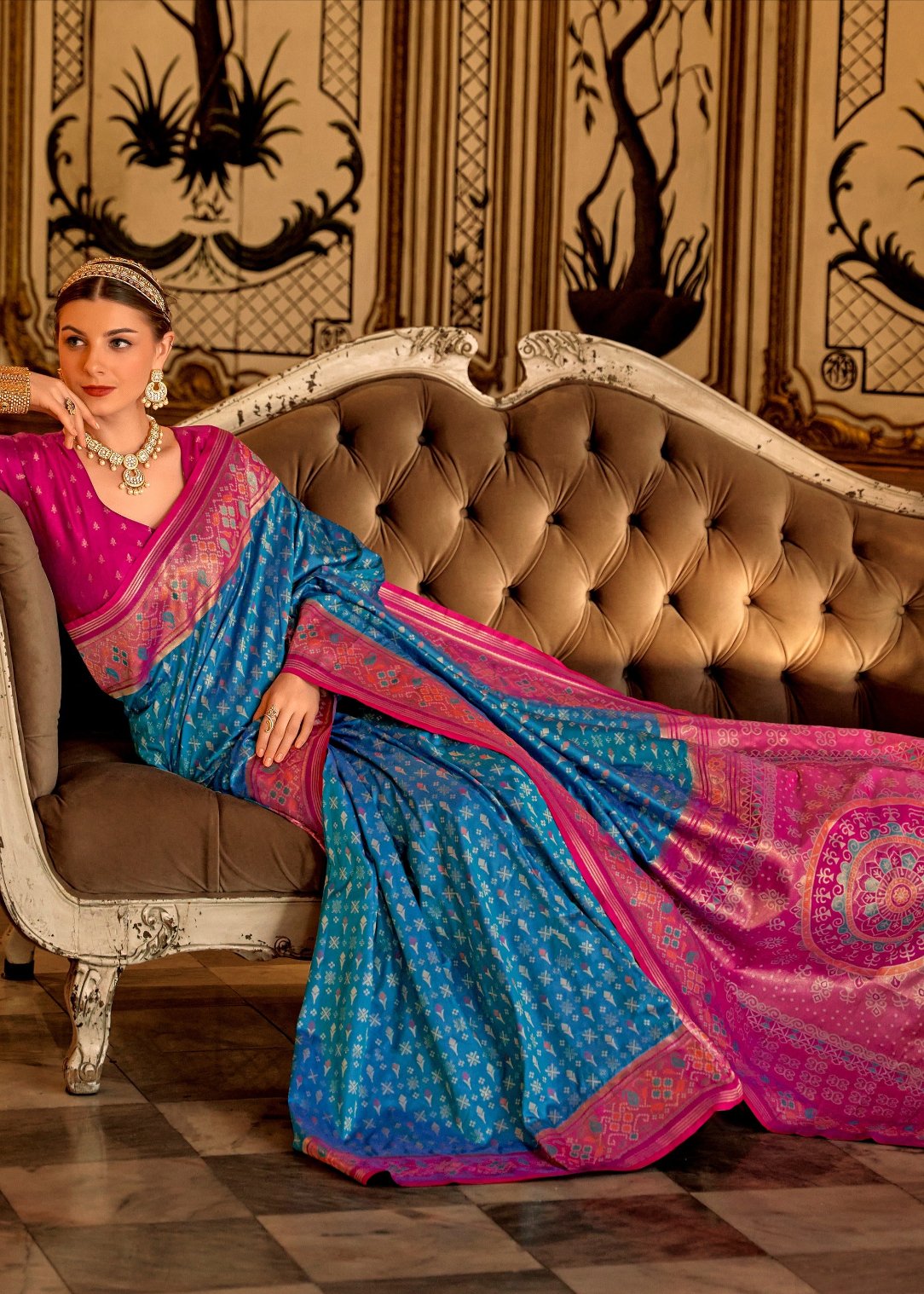 Shop blue banarasi patola silk handloom saree with contrast pink blouse in usa online for festival.