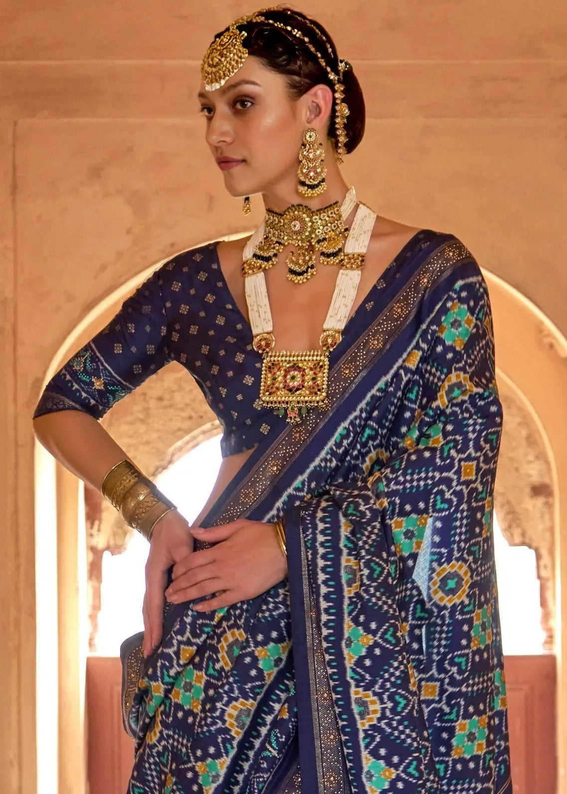 Patola pattern border detail on navy blue silk saree with multi-colored patola design for festive wear featuring matching navy blue blouse.