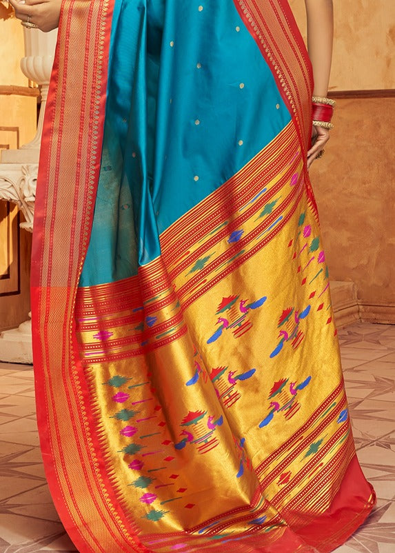 Turquoise blue handloom paithani saree usa online in traditional design.