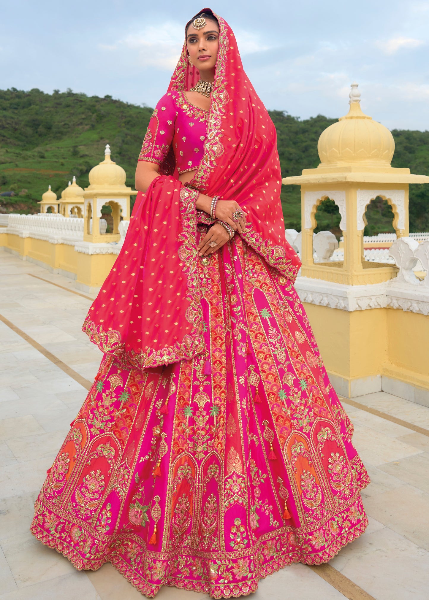 Pink designer bridal silk lehenga choli online in India, usa for Indian wedding ceremony, haldi function and bridal wear.