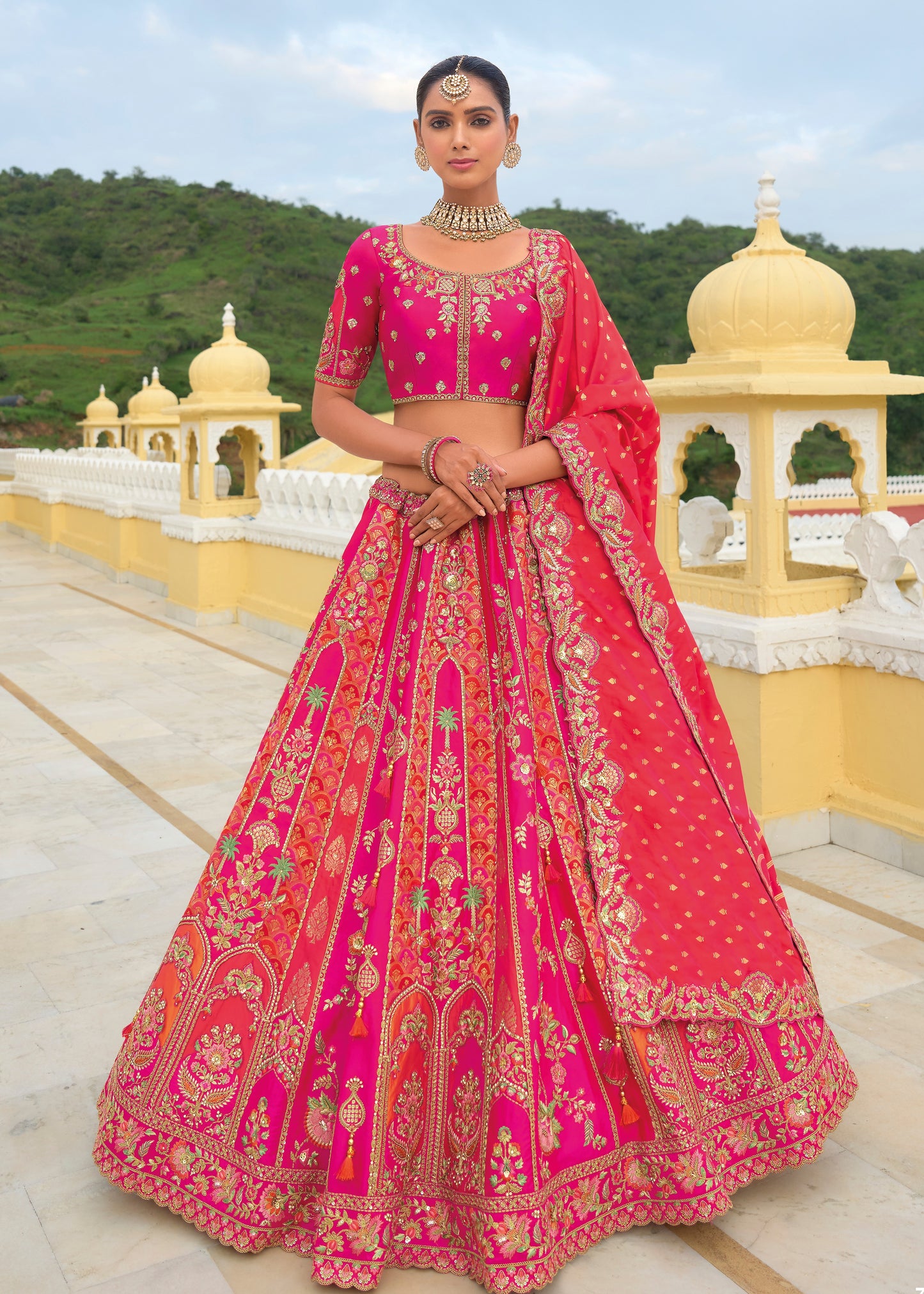Bridal silk lehenga choli available for online shopping in USA, showcasing luxurious silk fabric with intricate embroidery and embellishments, perfect for a wedding or bridal events.