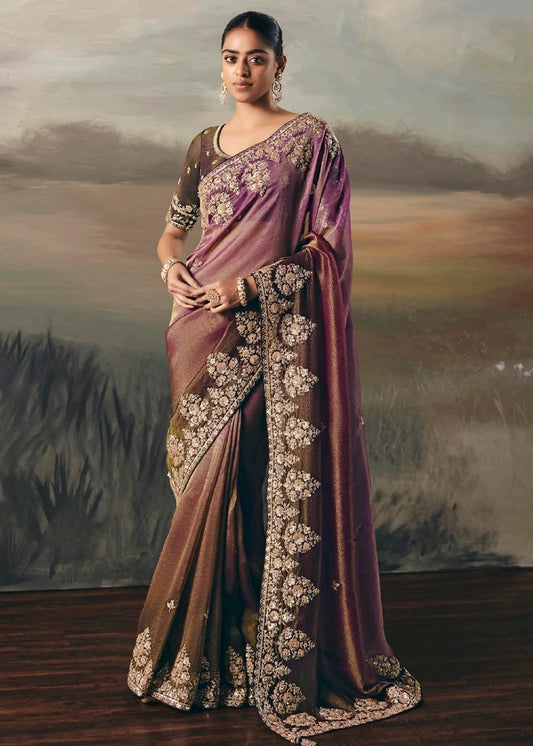 Full view of brown & pink ombre effect tissue silk embroidered bridal saree with intricate embroidery.
