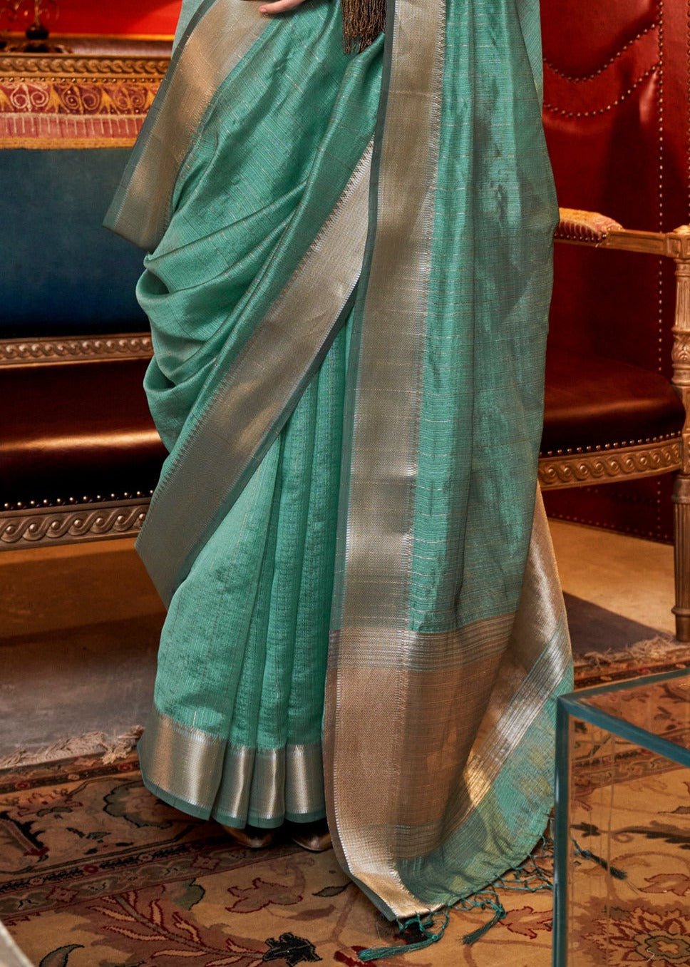 Buy green chiffon saree in usa at best price for wedding function with fall pico.
