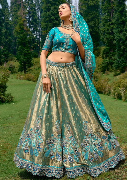 Copper gold blue silk bridal lehenga choli for wedding usa uk london australia uae.