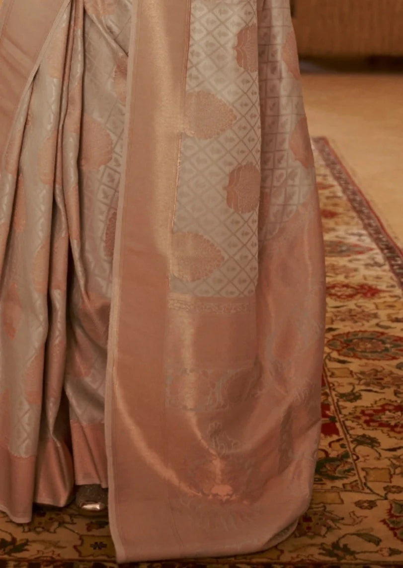 Copper Zari Handloom Silk Grey Banarasi Saree pallu design