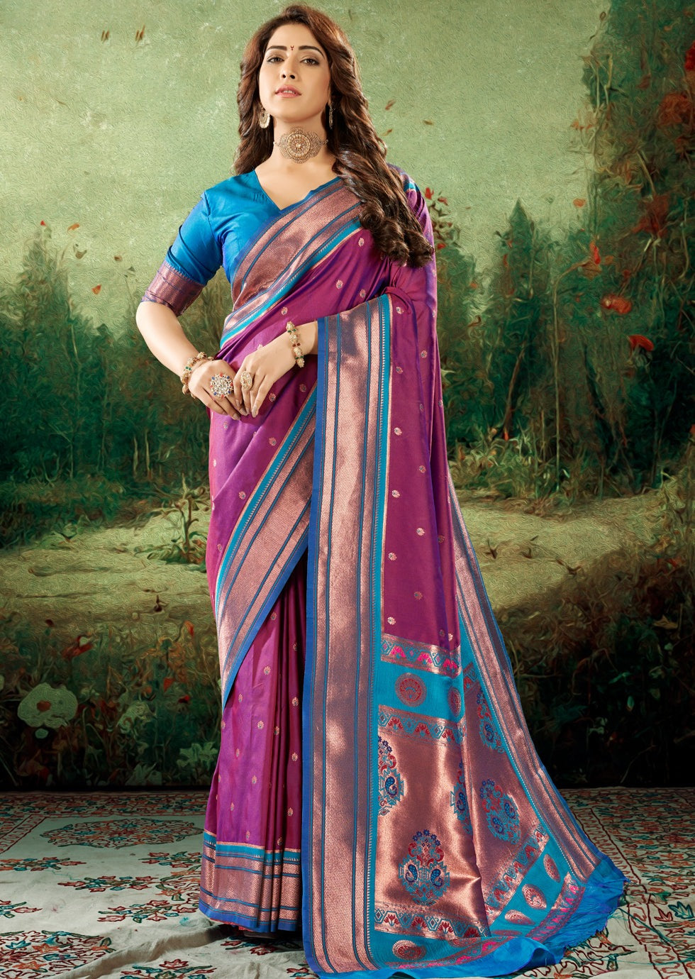 Woman's copper Zari Peshwai Paithani Silk Handloom Saree blouse in Magenta pink colour. Paithani saree has contrast blouse in blue colour.