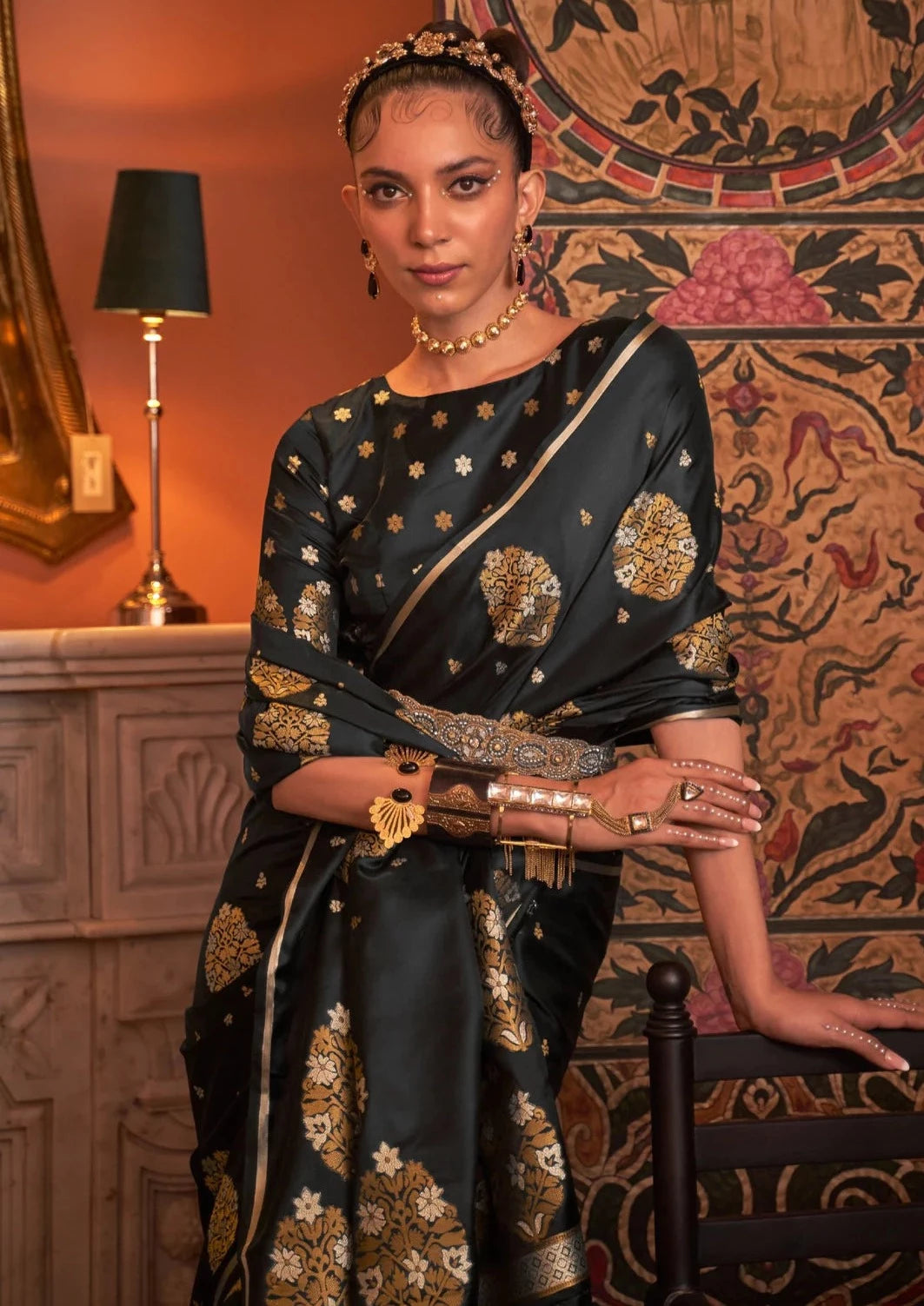 Bride in black banarasi satin silk saree blouse.